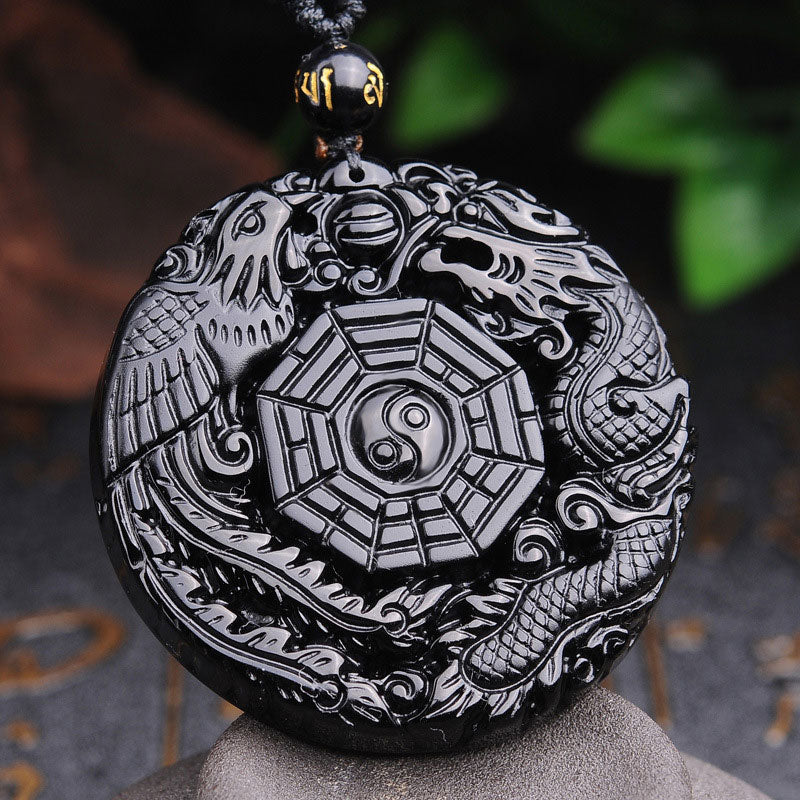 ATELIER-TIBET – Pendentif Bagua Dragon & Phénix en Obsidienne Noire Naturelle