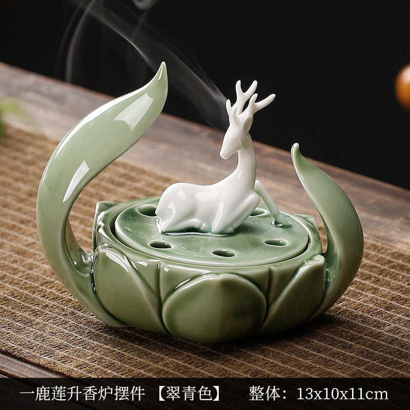 ATELIER-TIBET | Brûleur d’Encens Cerf sur Lotus – Céramique Zen Artisanale