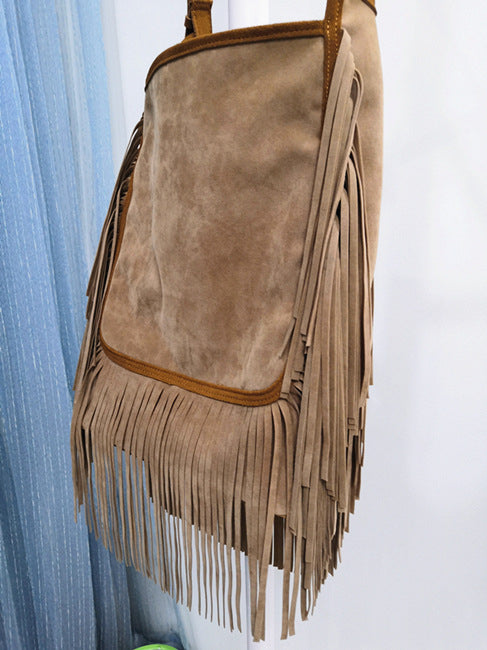 ATELIER-TIBET – Sac à bandoulière femme à franges en cuir – Cuir véritable – 28 cm