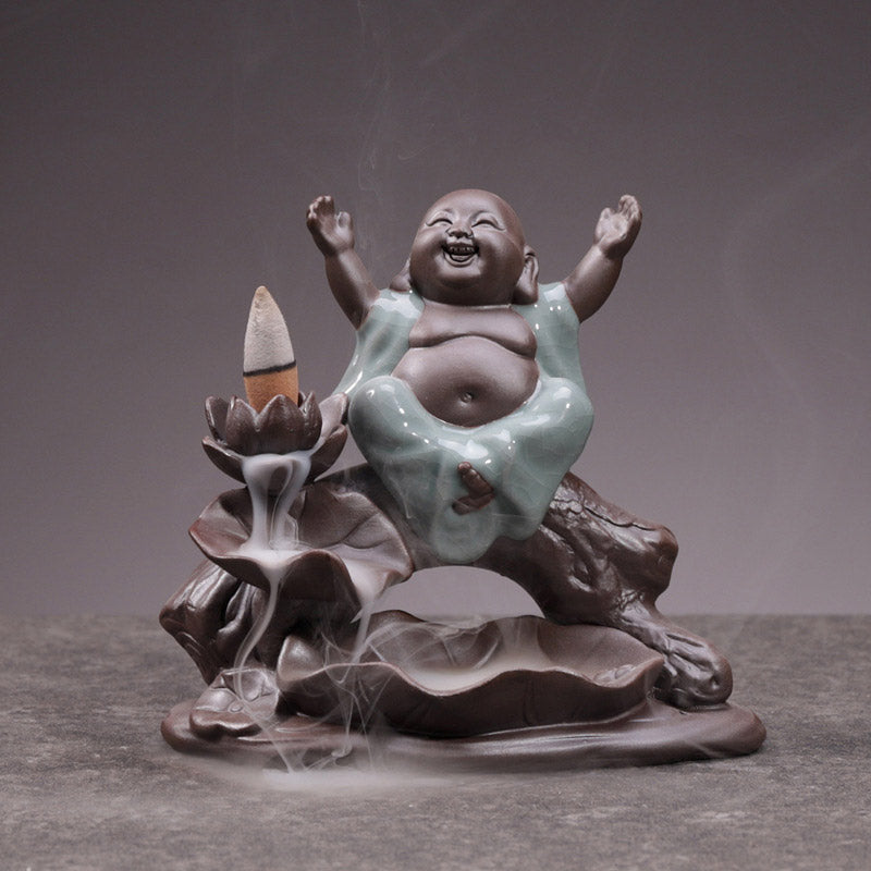 ATELIER-TIBET Brûleur d'encens en céramique avec bénédiction de lotus et petit moine en Buddha Stones