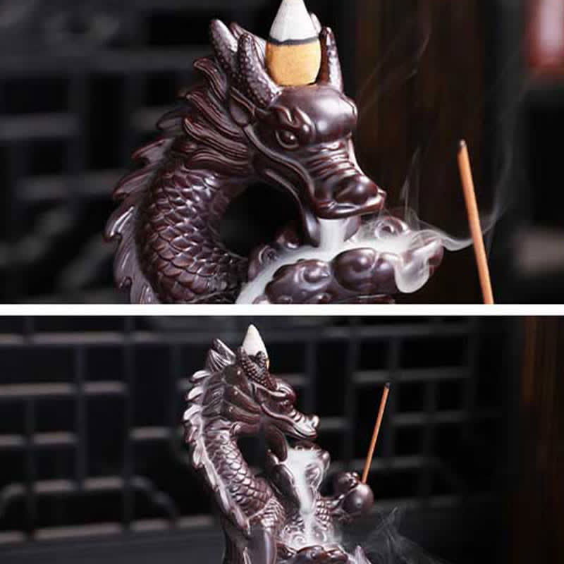 ATELIER-TIBET Brûleur d'encens en céramique à motif de dragon et de lotus