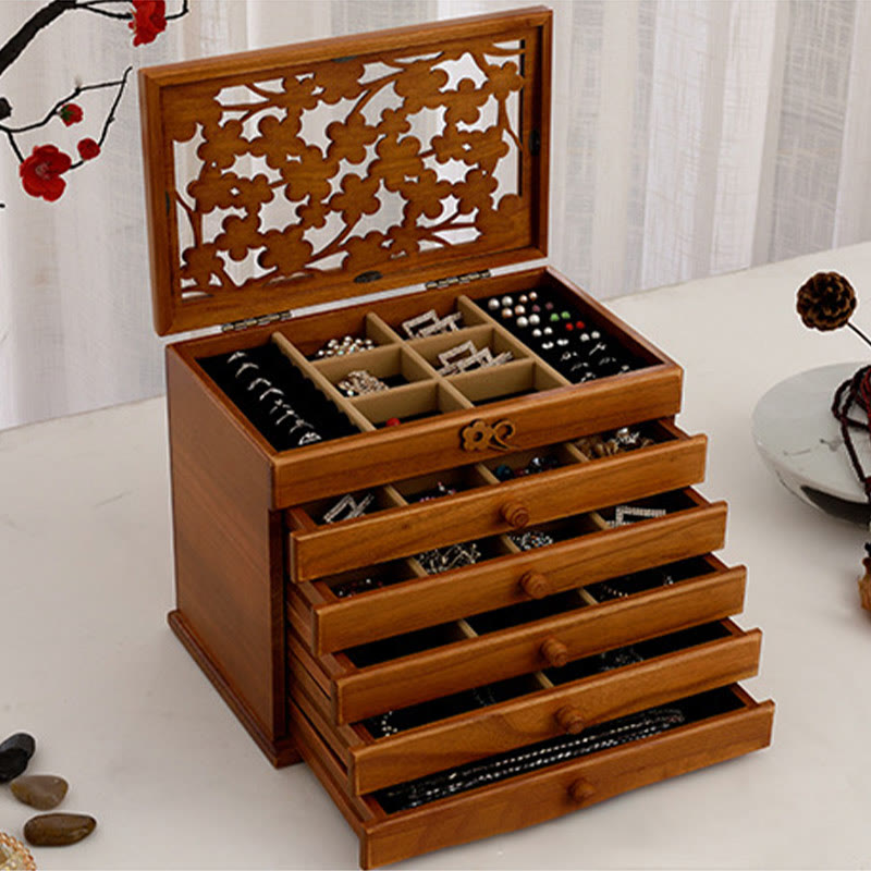 ATELIER-TIBET Boîte à bijoux en bois sculpté à six niveaux avec Buddha Stones et fleur de prunier vintage