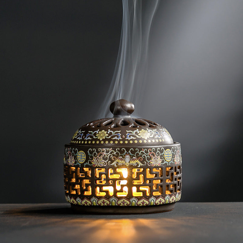 ATELIER-TIBET | Brûleur d’Encens Émaillé avec Veilleuse – Art Décoratif Multifonction