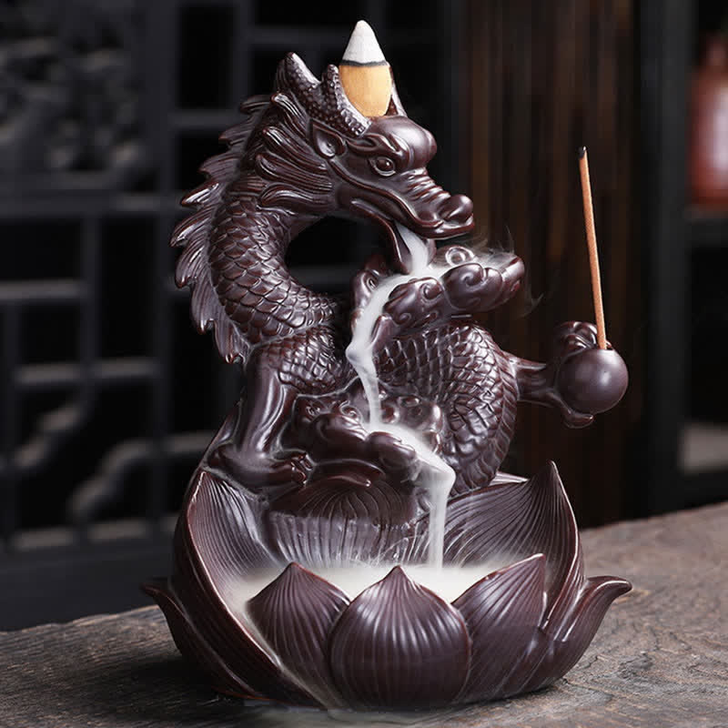 ATELIER-TIBET Brûleur d'encens en céramique à motif de dragon et de lotus