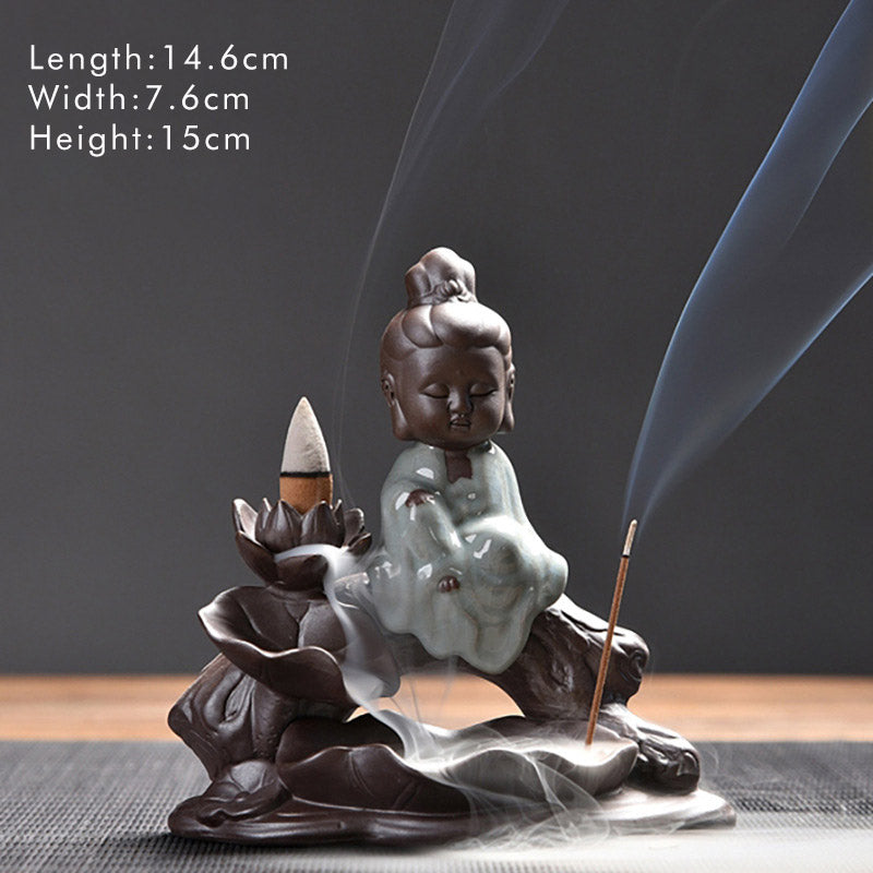 ATELIER-TIBET – Brûleur d’Encens en Céramique Lotus & Petit Moine à Reflux