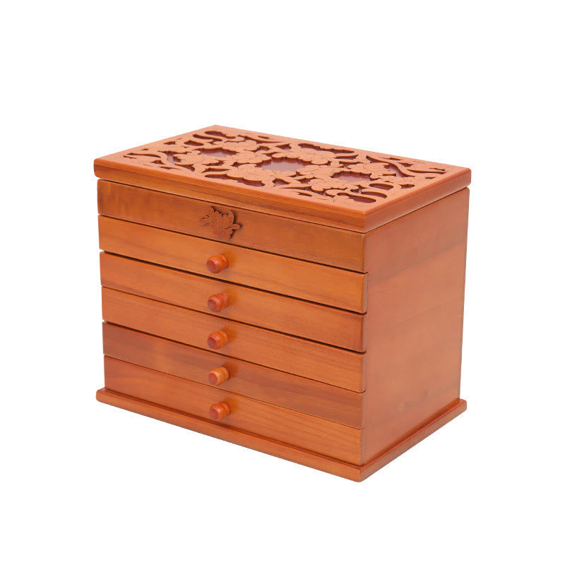 ATELIER-TIBET Boîte à bijoux en bois sculpté à six niveaux avec Buddha Stones et fleurs vintage de grande capacité