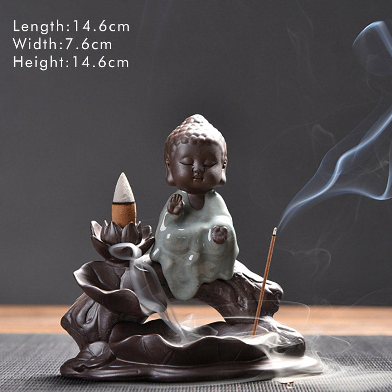 ATELIER-TIBET – Brûleur d’Encens en Céramique Lotus & Petit Moine à Reflux