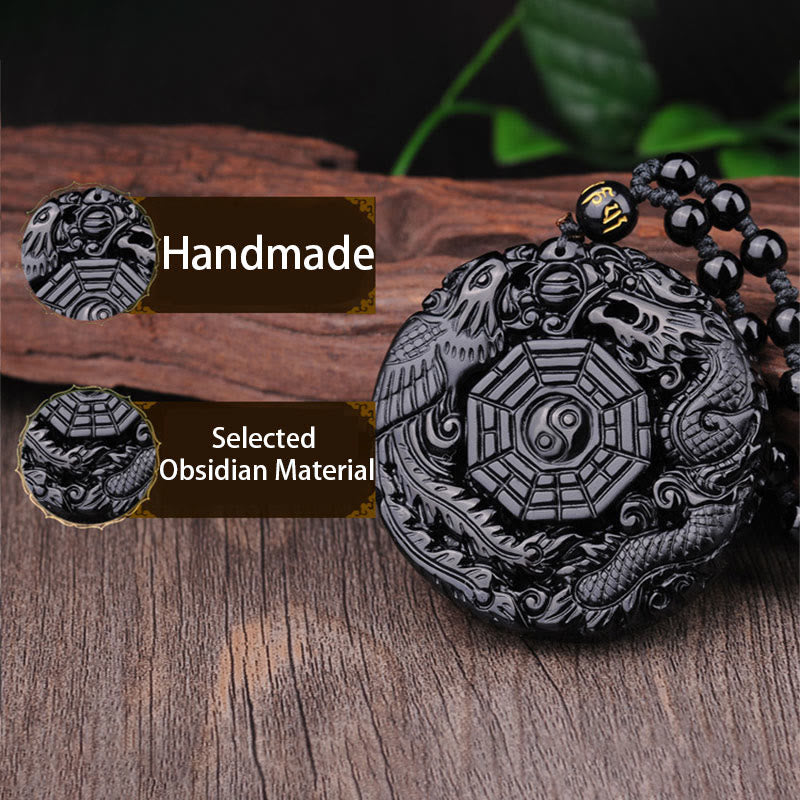 ATELIER-TIBET – Pendentif Bagua Dragon & Phénix en Obsidienne Noire Naturelle