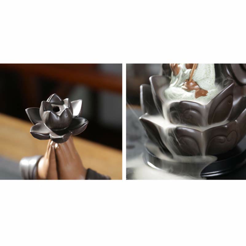 ATELIER-TIBET Brûleur d'encens à reflux en céramique Bouddha Avalokitesvara Chenrezig Ksitigarbha avec bénédiction du lotus