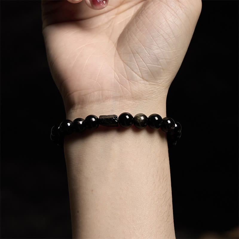 ATELIER-TIBET – Bracelet Obsidienne Dorée & Tourmaline Noire 8 mm, Ancrage et Symbolique de Prospérité