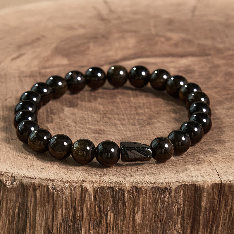 ATELIER-TIBET – Bracelet Obsidienne Dorée & Tourmaline Noire 8 mm, Ancrage et Symbolique de Prospérité