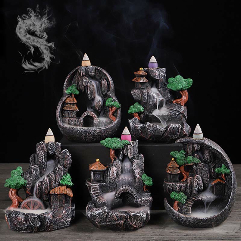 ATELIER-TIBET Brûleur d'encens à reflux en résine de méditation à motif de ponts de montagne