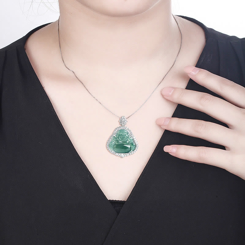 ATELIER-TIBET – Collier Bouddha Rieur en Jade Naturel & Argent Sterling 925