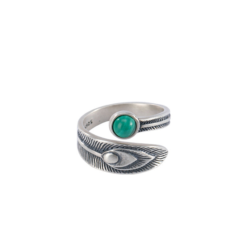 ATELIER-TIBET – Bague Plume de Protection en Malachite & Argent Sterling 925 – Anneau Symbolique Unisexe