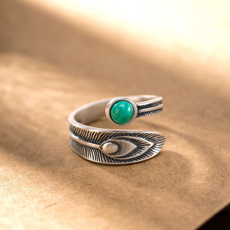 ATELIER-TIBET – Bague Plume de Protection en Malachite & Argent Sterling 925 – Anneau Symbolique Unisexe