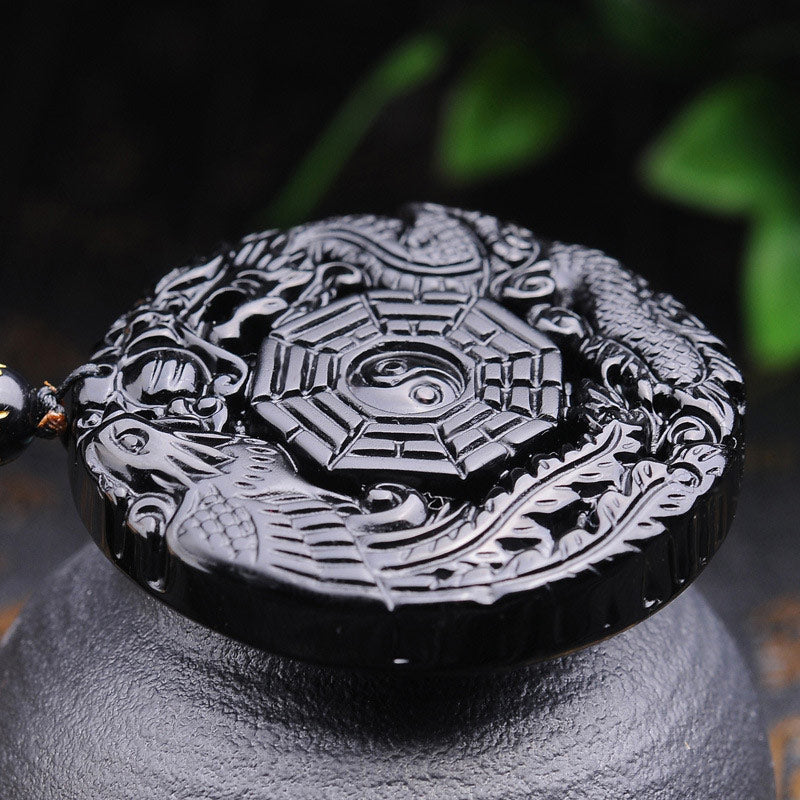 ATELIER-TIBET – Pendentif Bagua Dragon & Phénix en Obsidienne Noire Naturelle