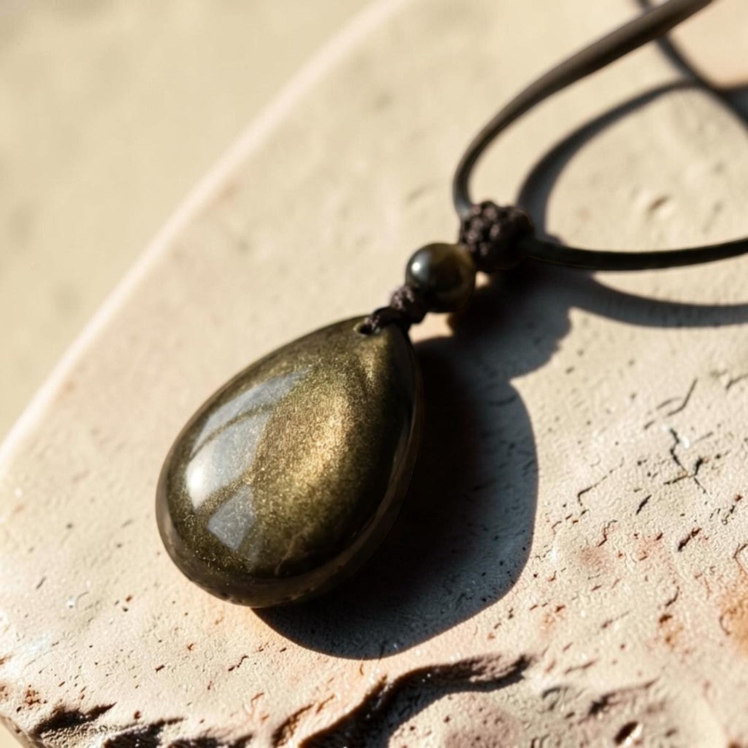 ATELIER-TIBET – Pendentif Goutte “Force Intérieure” en Obsidienne Dorée