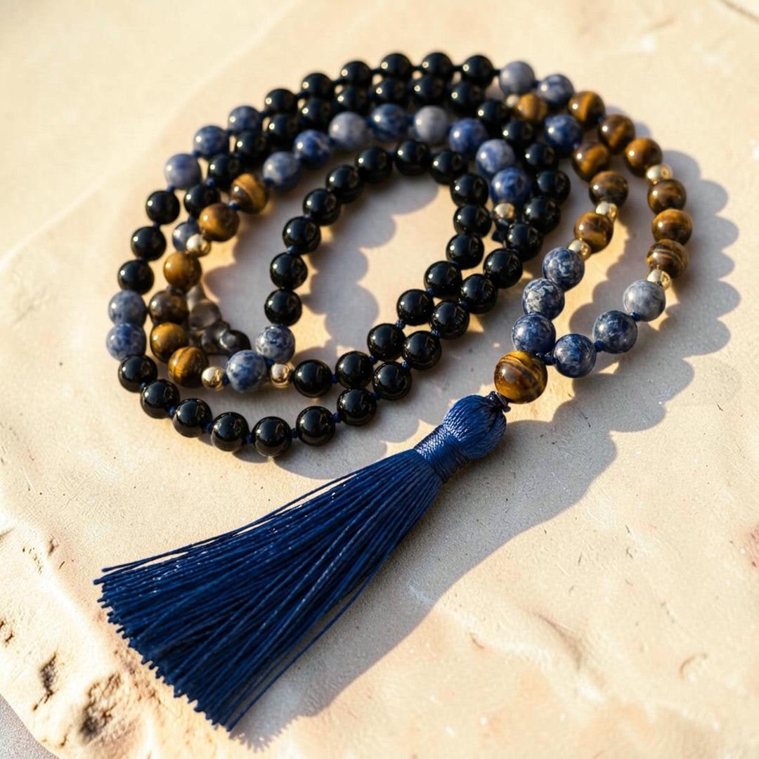 ATELIER-TIBET – Collier Mala Bouclier Intérieur en Sodalite, Œil de Tigre & Onyx Noir