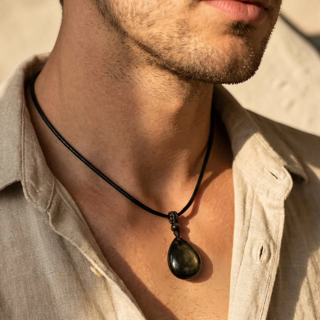ATELIER-TIBET – Pendentif Goutte “Force Intérieure” en Obsidienne Dorée