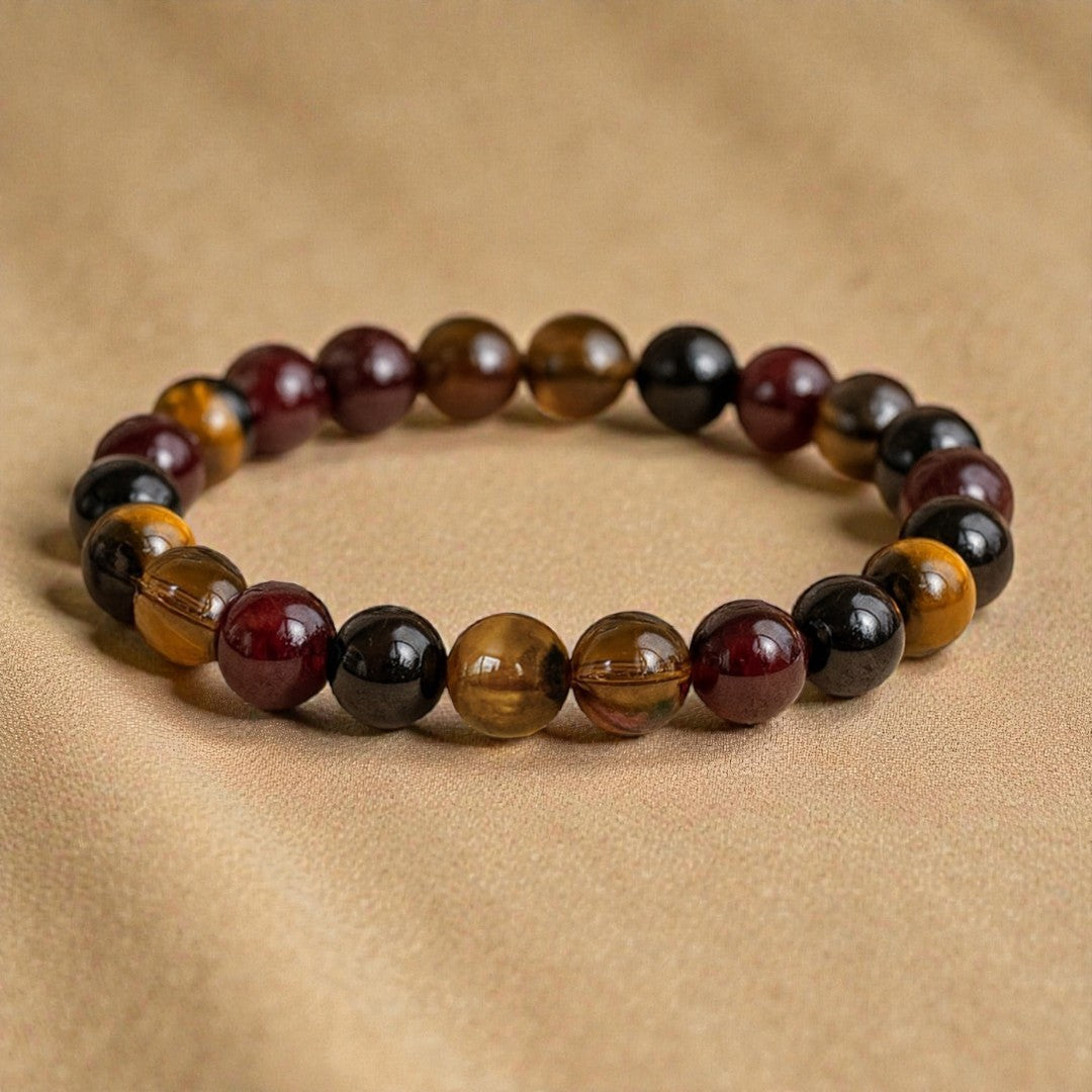 ATELIER-TIBET – Bracelet Réussite & Protection en Oeil de Tigre, Grenat, Tourmaline & Quartz Fumé