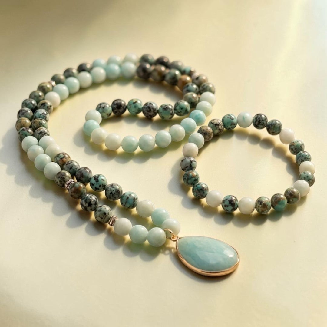 ATELIER-TIBET – Collier Mala Lâcher Prise en Amazonite & Turquoise Africaine