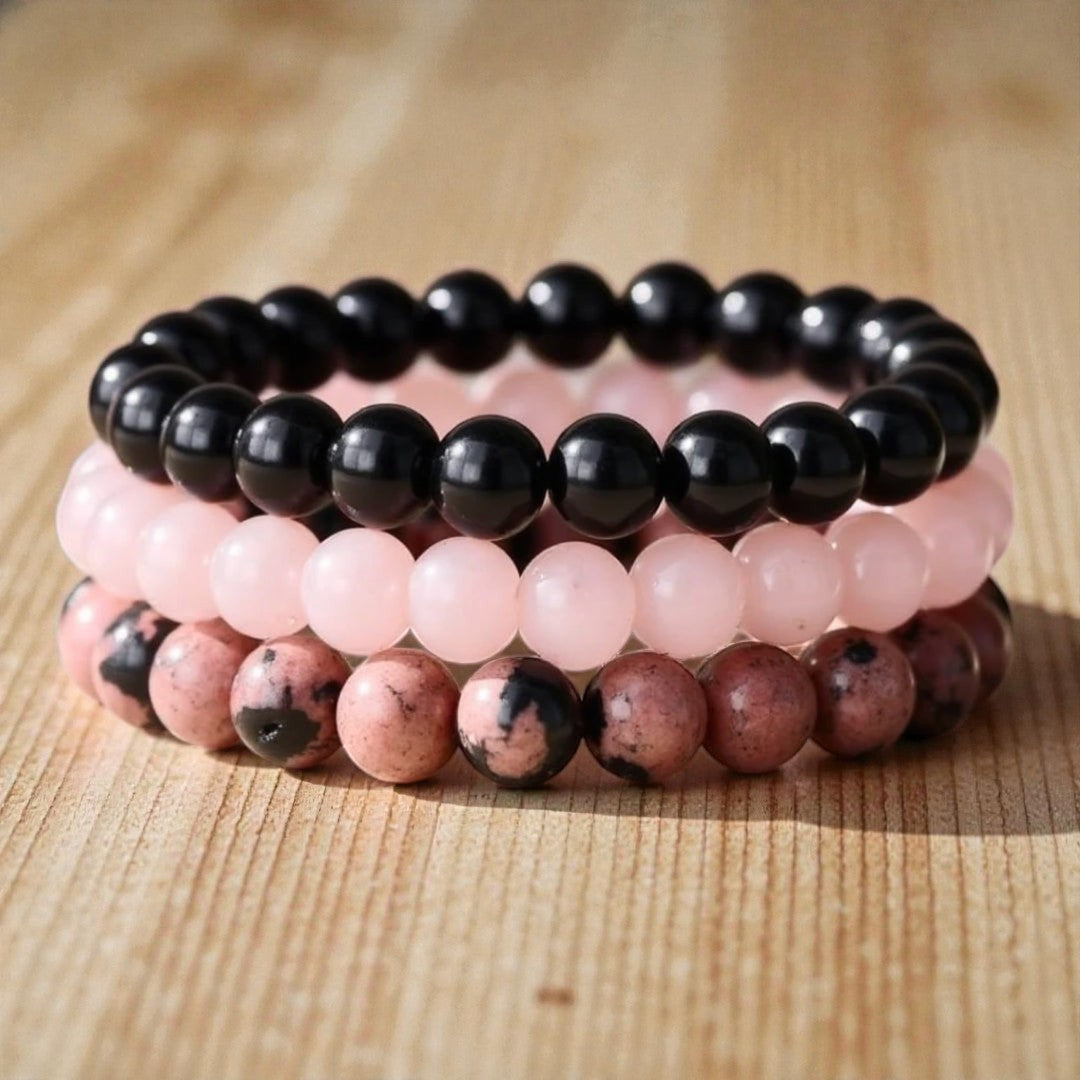ATELIER-TIBET – Trio de Bracelets Paix & Équilibre en Onyx, Quartz Rose & Rhodonite