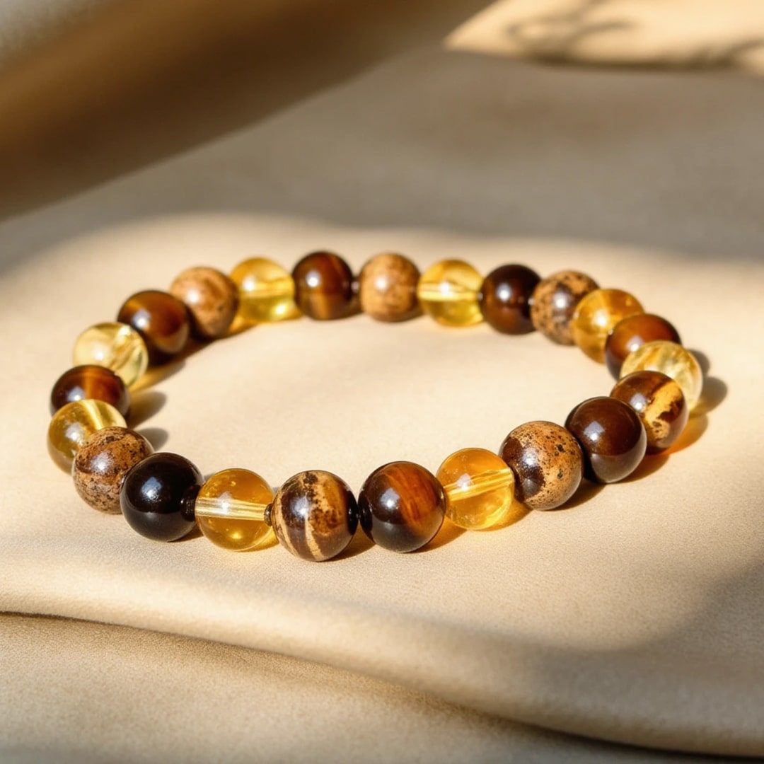 ATELIER-TIBET – Bracelet Protection & Prospérité en Oeil de Tigre, Citrine & Jaspe Paysage
