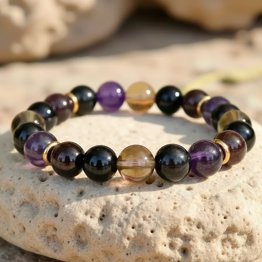 ATELIER-TIBET – Bracelet Harmonie & Protection en Shungite, Quartz Fumé, Améthyste & Grenat