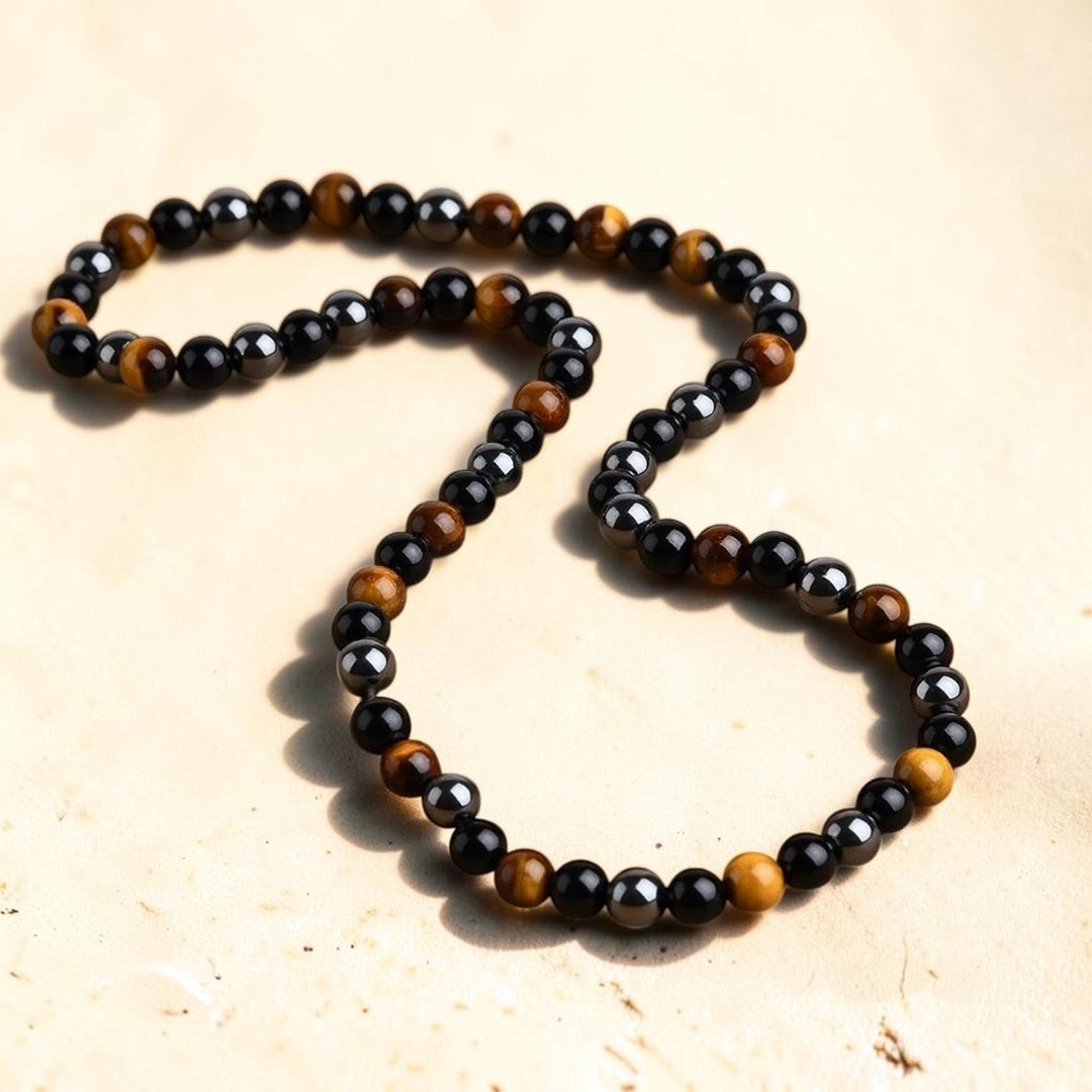 ATELIER-TIBET – Collier 3 Protections en Hématite, Obsidienne & Oeil de Tigre