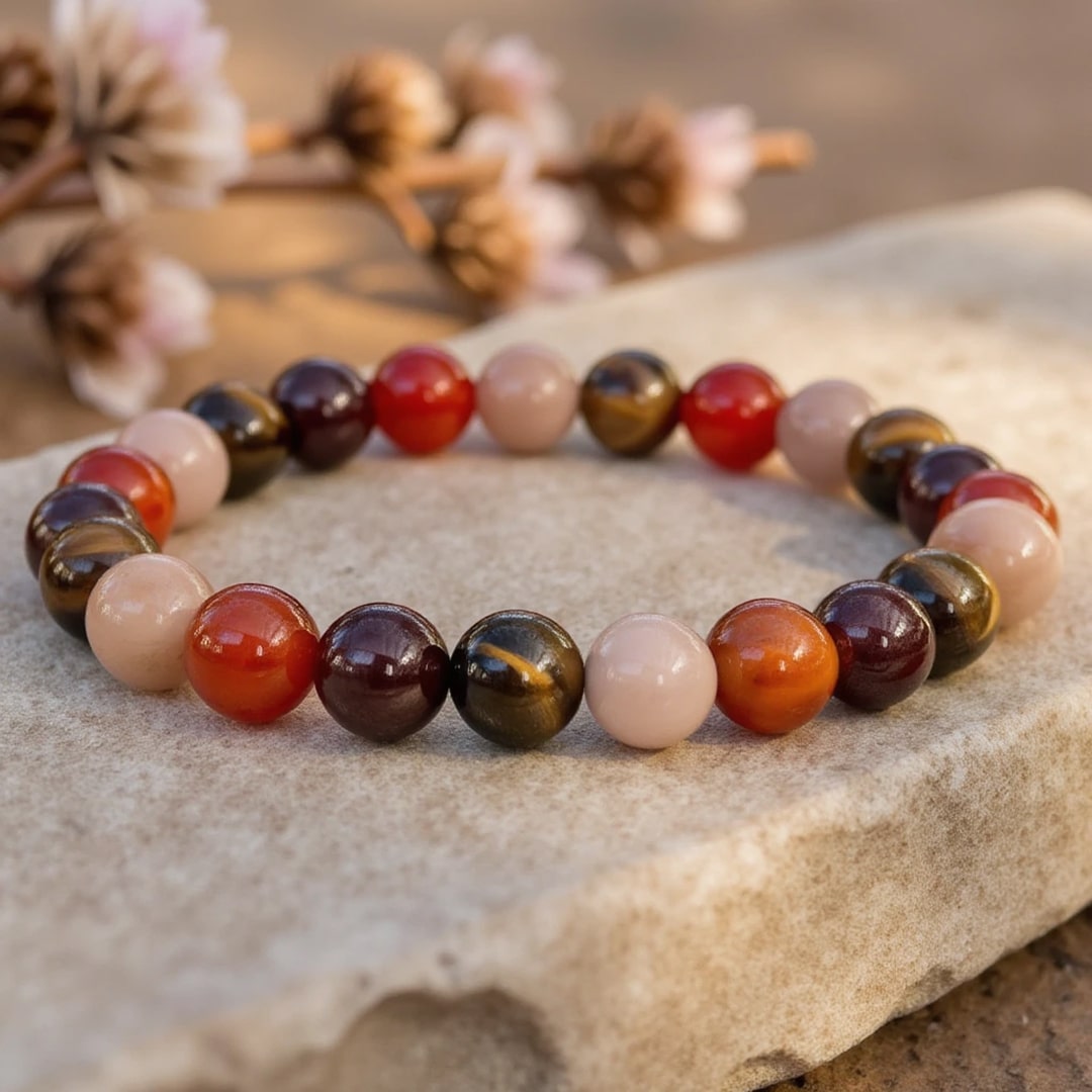 ATELIER-TIBET – Bracelet Chance & Joie en Oeil de Tigre, Pierre de Soleil, Cornaline & Grenat