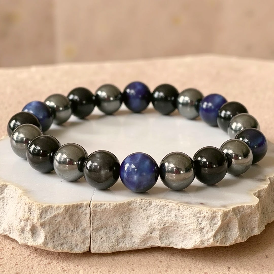 ATELIER-TIBET – Bracelet Guidance Intérieure en Hématite, Tourmaline Noire & Oeil de Tigre Bleu