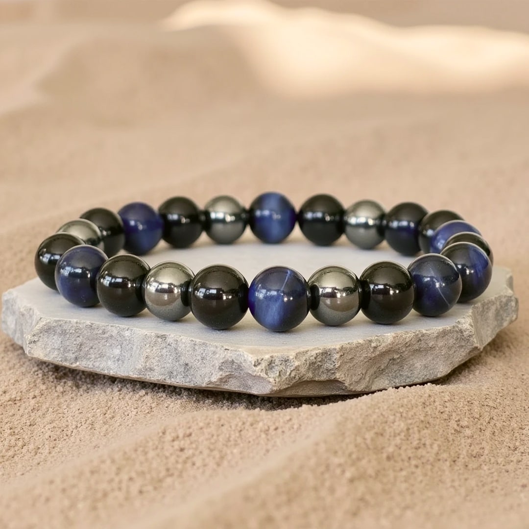 ATELIER-TIBET – Bracelet Guidance Intérieure en Hématite, Tourmaline Noire & Oeil de Tigre Bleu
