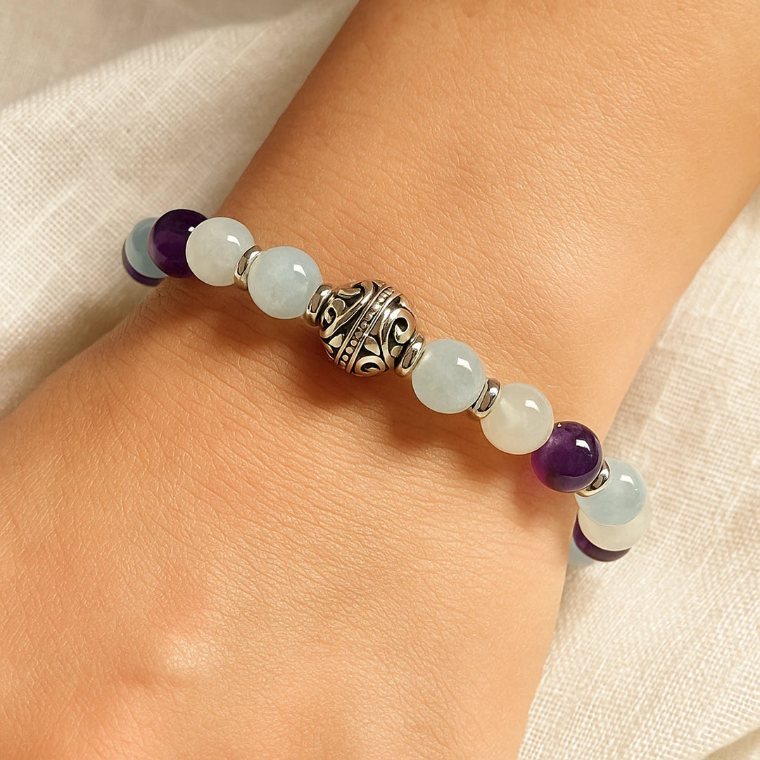 ATELIER-TIBET – Bracelet Premium Bien-Être Intérieur en Améthyste, Aigue-Marine & Pierre de Lune