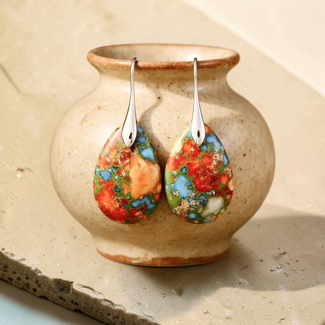 ATELIER-TIBET – Boucles d’Oreilles Gouttes Arlequines en Jaspe