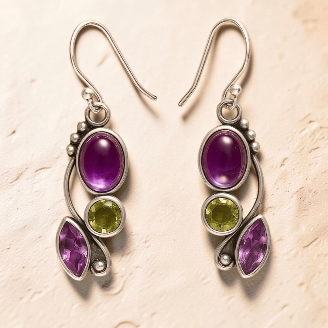 ATELIER-TIBET – Boucles d'Oreilles Cascade de Sérénité en Améthyste & Péridot