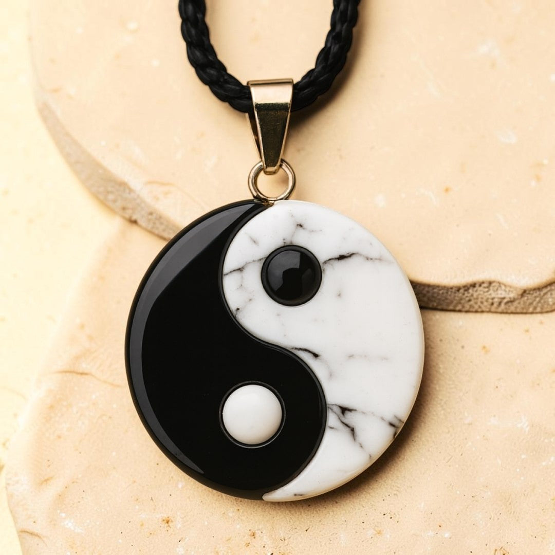 ATELIER-TIBET – Pendentif Yin-Yang en Howlite & Obsidienne Noire