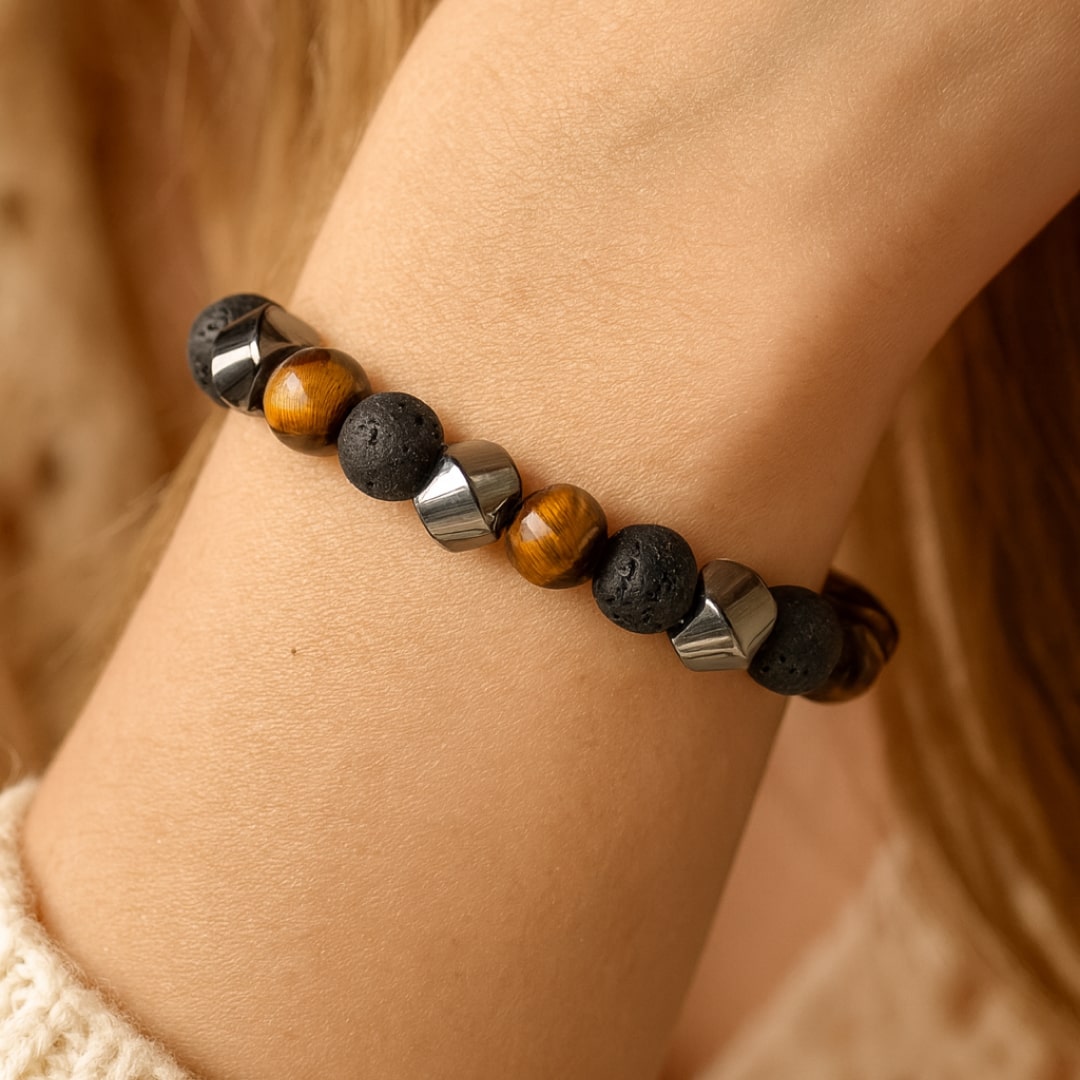 ATELIER-TIBET – Bracelet Triple Protection en Pierre de Lave, Oeil de Tigre & Hématite