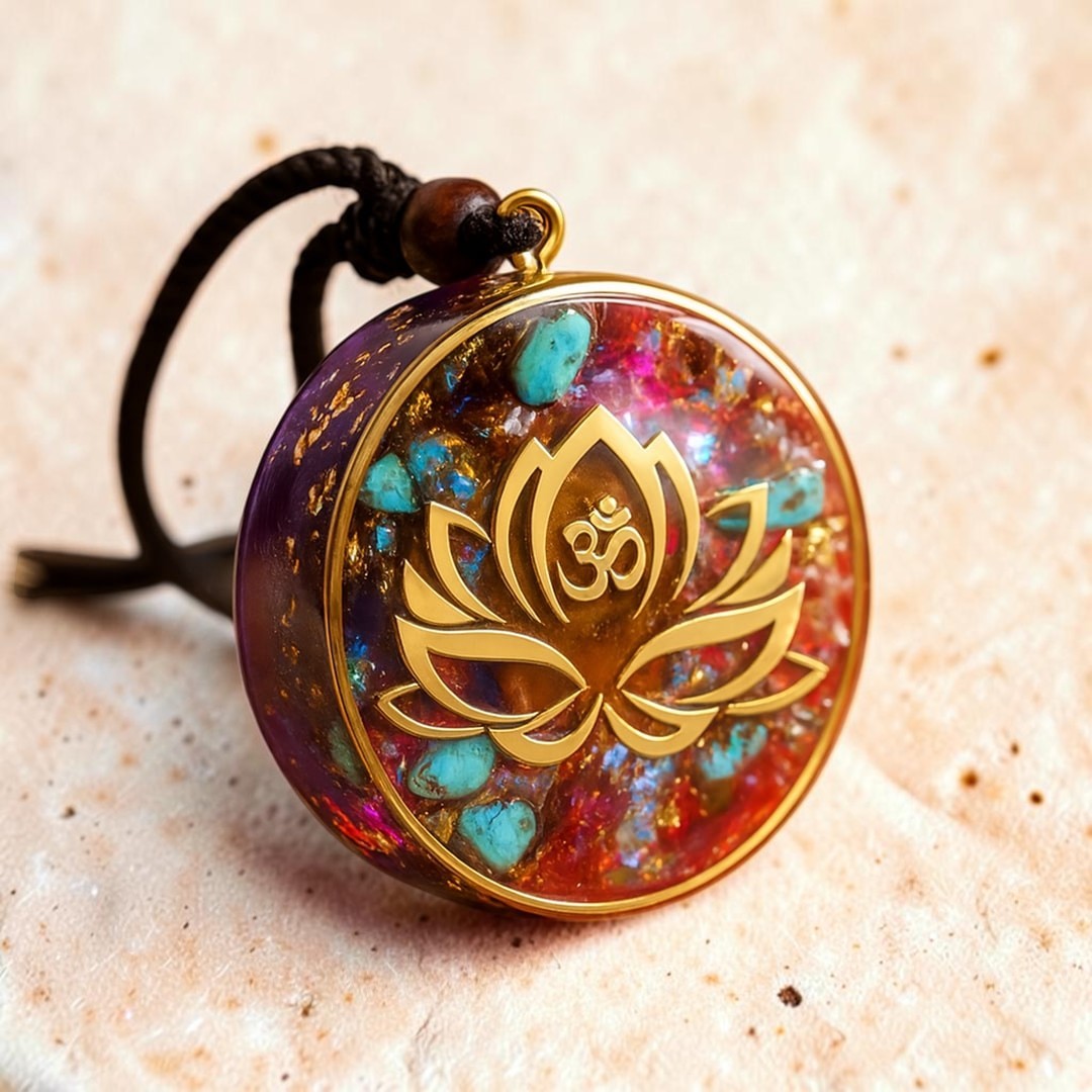 ATELIER-TIBET – Pendentif Orgonite Lotus-Om en Turquoise & Oeil de Tigre