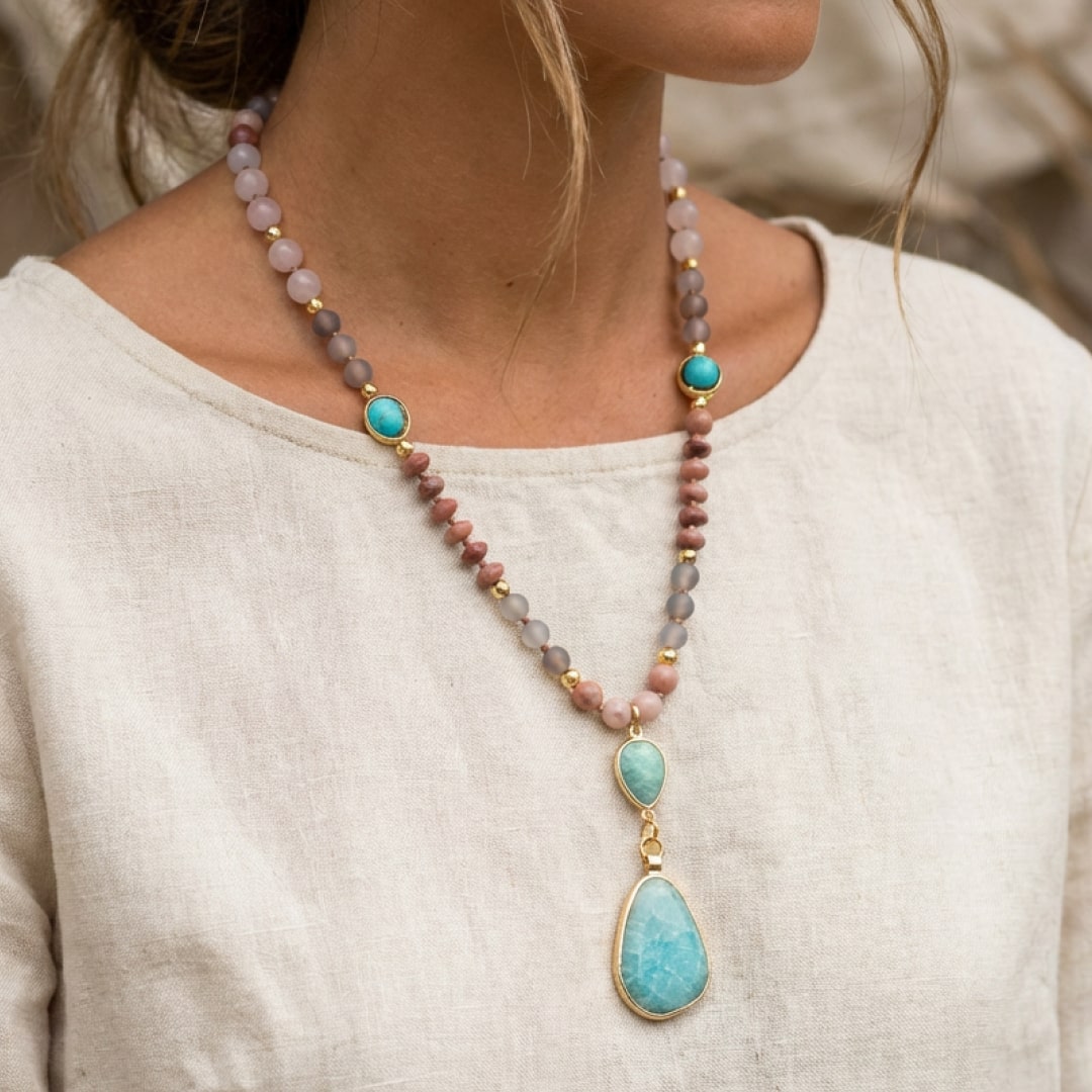 ATELIER-TIBET – Collier Mala Ethnique en Turquoise, Amazonite, Quartz Rose & Rhodonite