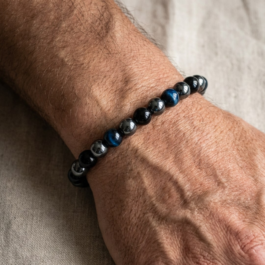 ATELIER-TIBET – Bracelet Guidance Intérieure en Hématite, Tourmaline Noire & Oeil de Tigre Bleu
