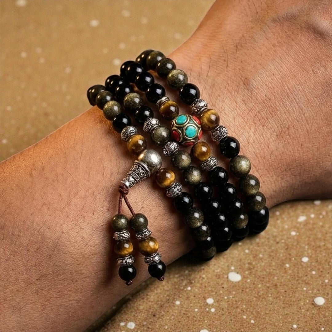ATELIER-TIBET – Bracelet Mala Bouddhiste en Obsidienne Noire & Dorée