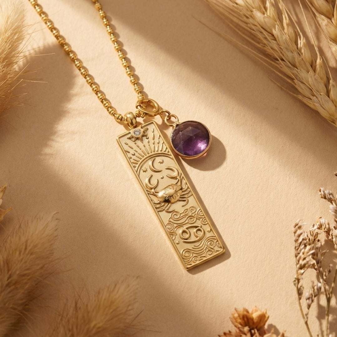 ATELIER-TIBET – Collier Rectangle - Signe Astrologique et sa Pierre Naturelle