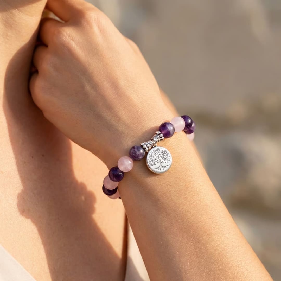 ATELIER-TIBET – Bracelet Amour & Spiritualité en Améthyste & Quartz Rose