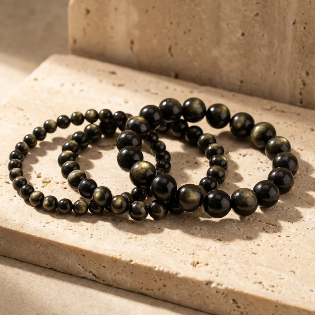ATELIER-TIBET – Bracelet Bouclier de Lumière en Obsidienne Dorée