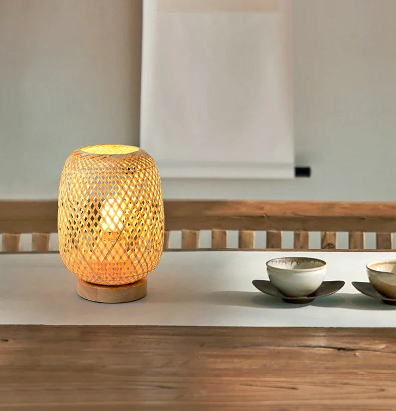 ATELIER-TIBET – Petite Lampe Japonaise Décorative Tissée en Bambou & Bois, Lumière Zen
