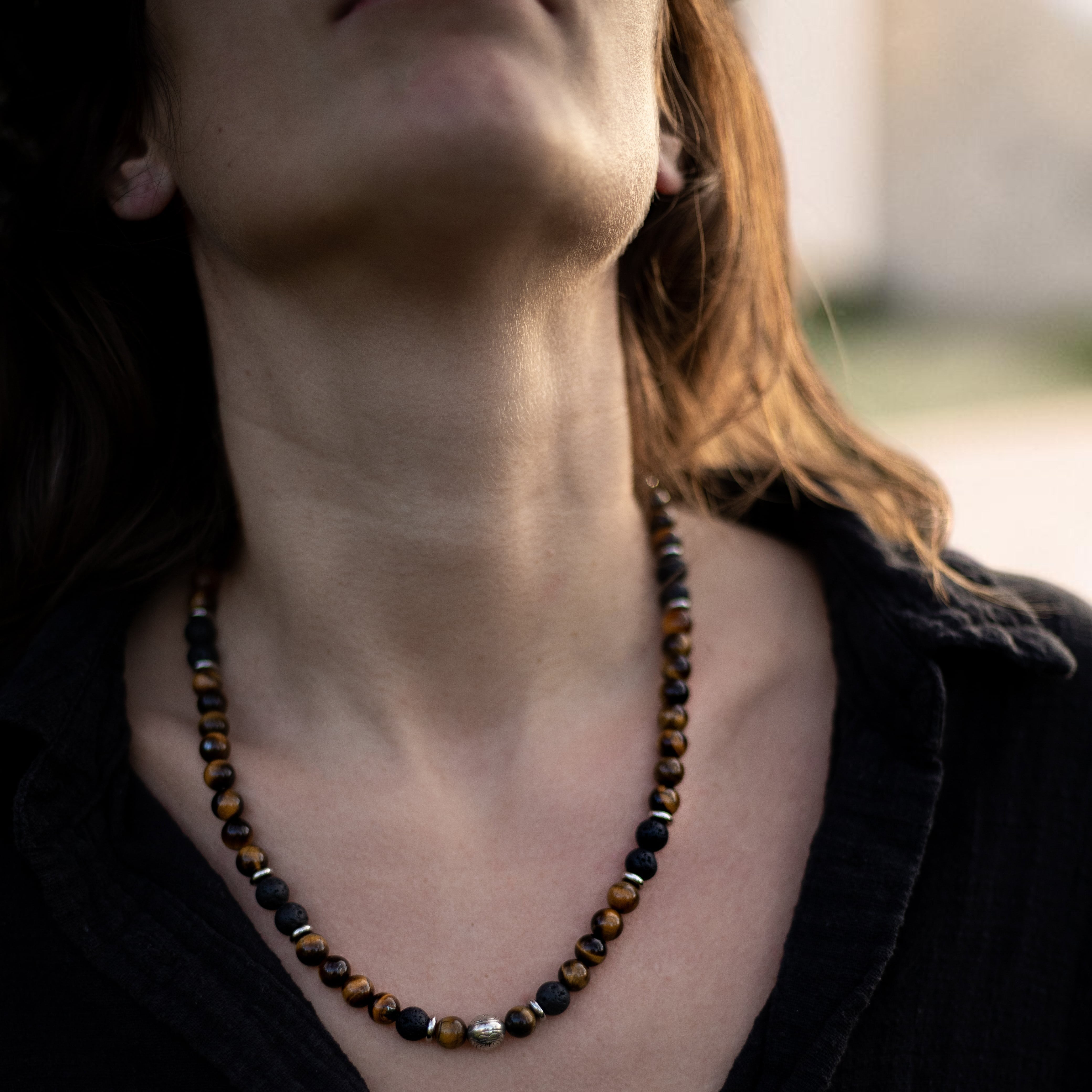 ATELIER-TIBET – Collier Énergie Terre & Feu en Pierre de Lave & Oeil de Tigre