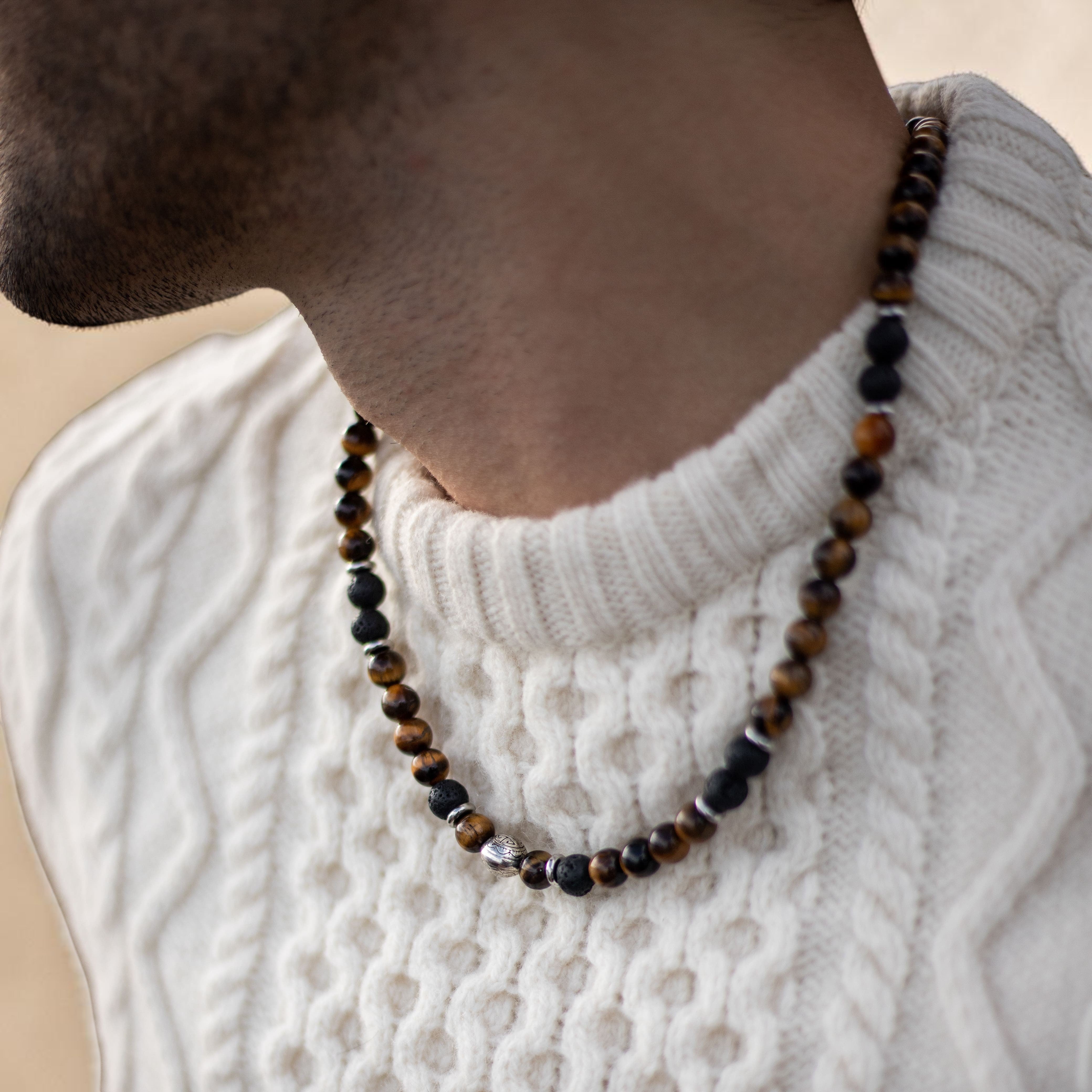 ATELIER-TIBET – Collier Énergie Terre & Feu en Pierre de Lave & Oeil de Tigre