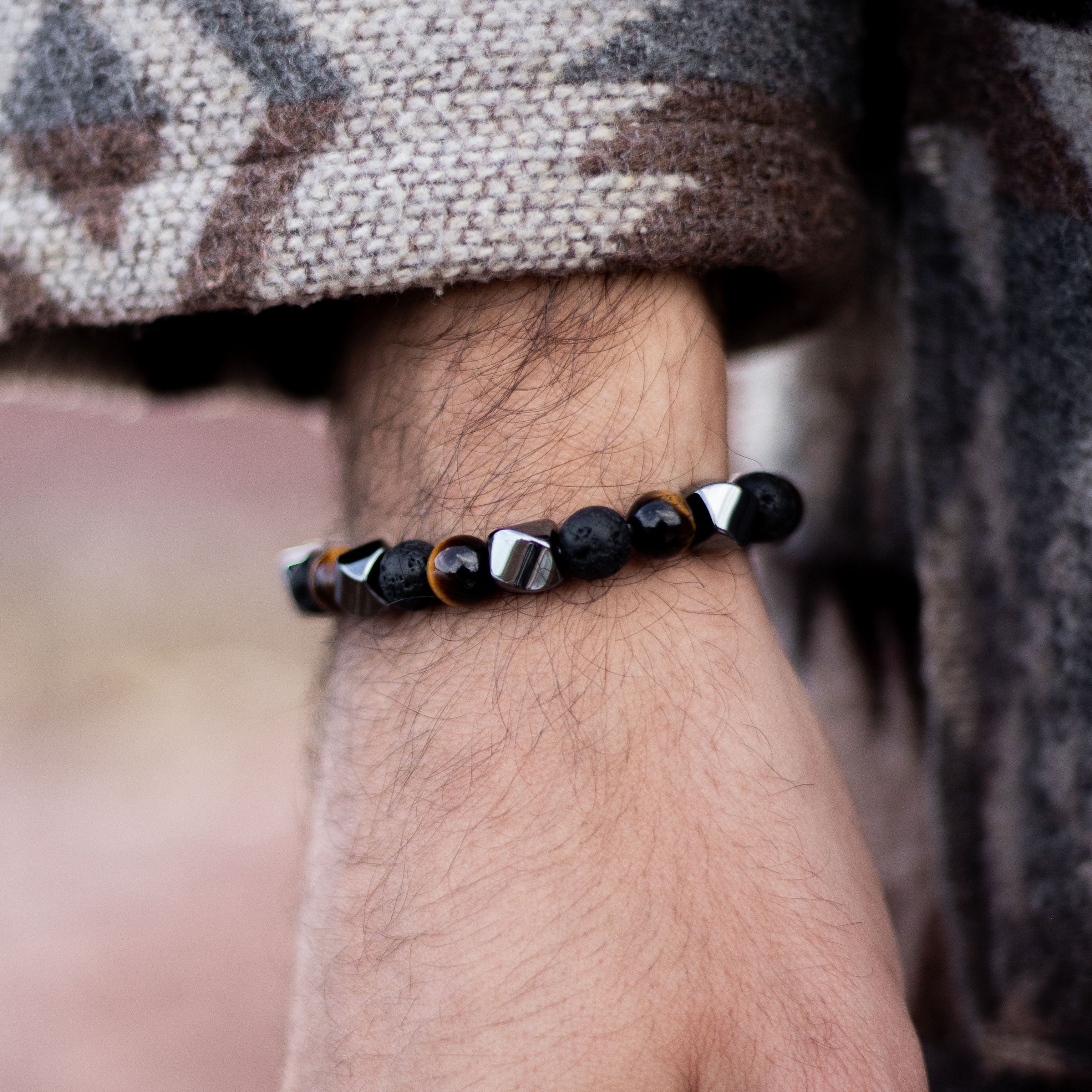 ATELIER-TIBET – Bracelet Triple Protection en Pierre de Lave, Oeil de Tigre & Hématite