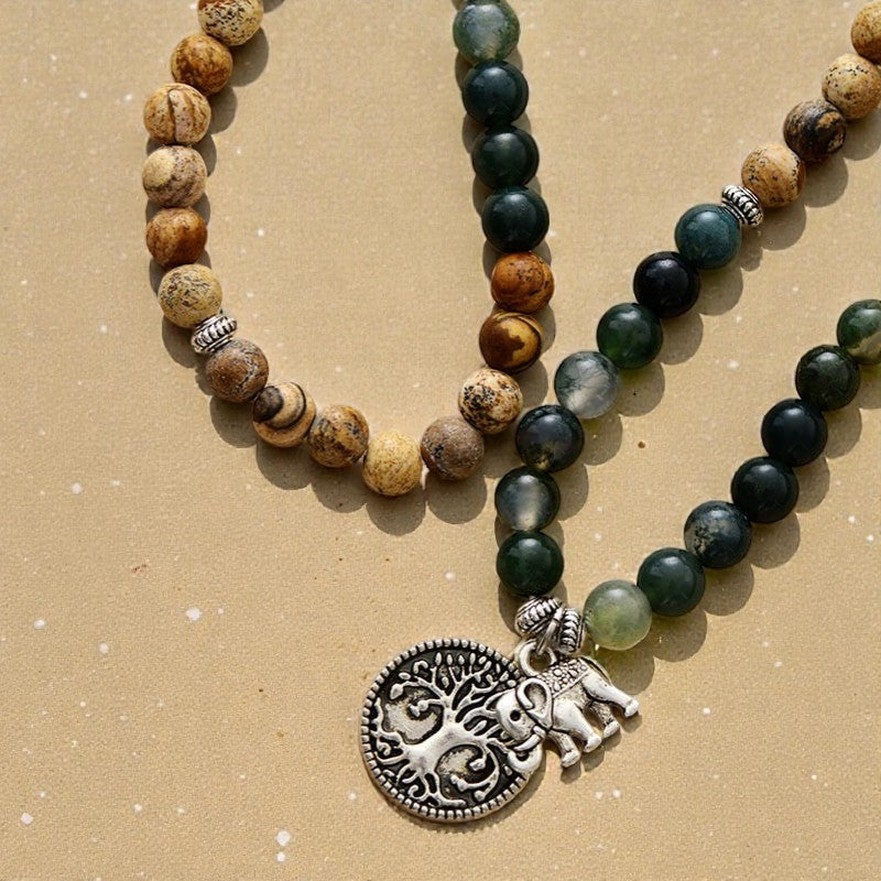 ATELIER-TIBET – Bracelet Mala Gaia en Agate Mousse & Jaspe Paysage