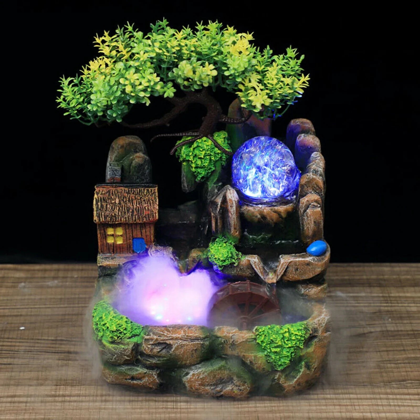 ATELIER-TIBET – Fontaine Japonaise d’Extérieur avec Brume, LED et Arbre Décoratif